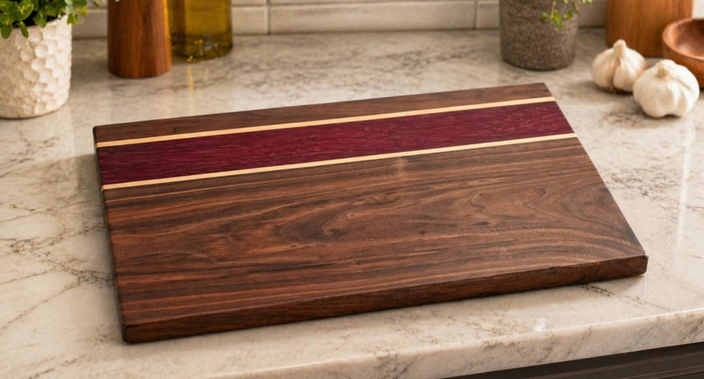 Handcrafted Figured Walnut, Purpleheart & Maple Cutting Board – 16 x 9 x 3/4