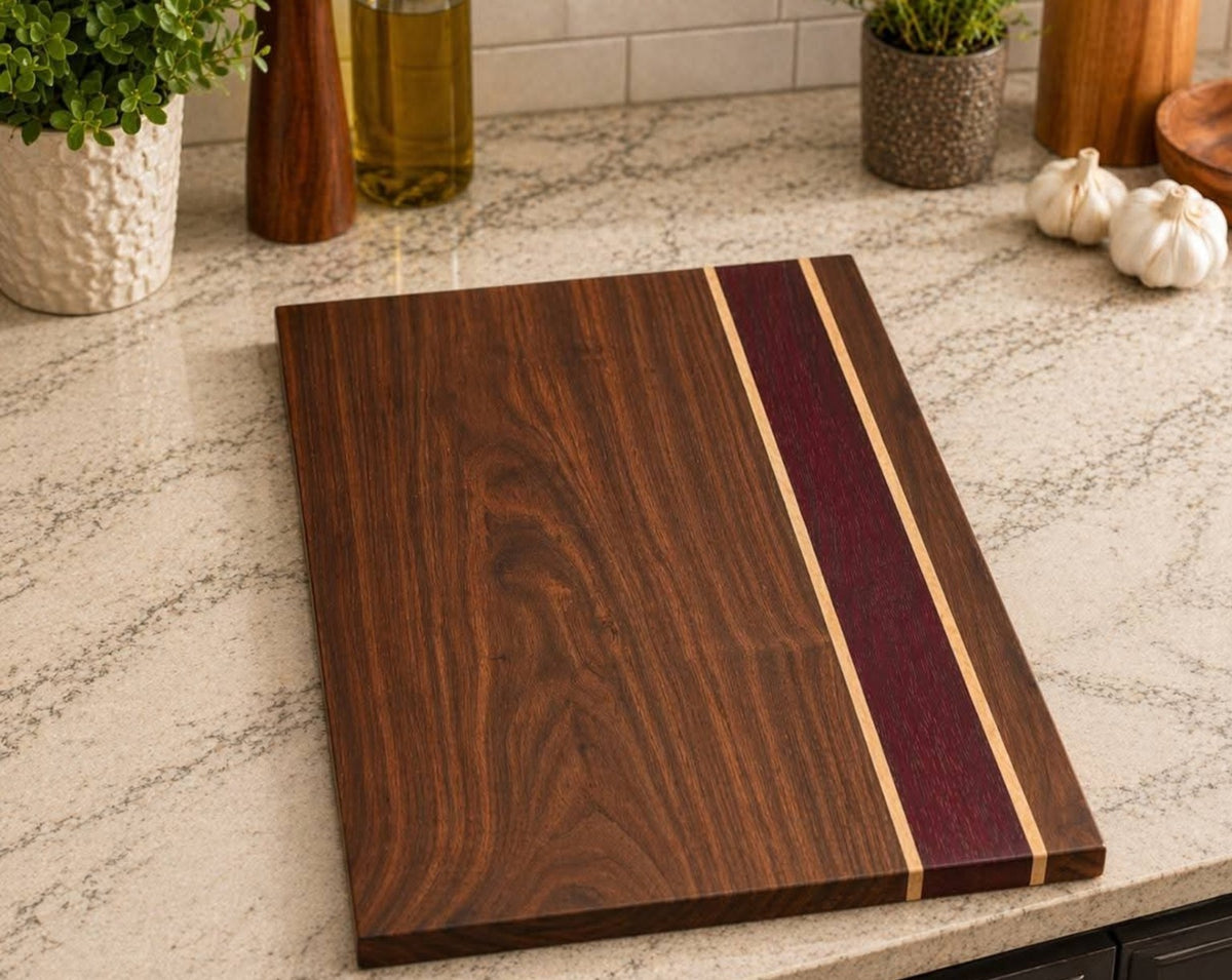 Handcrafted Figured Walnut, Purpleheart & Maple Cutting Board – 16 x 9 x 3/4
