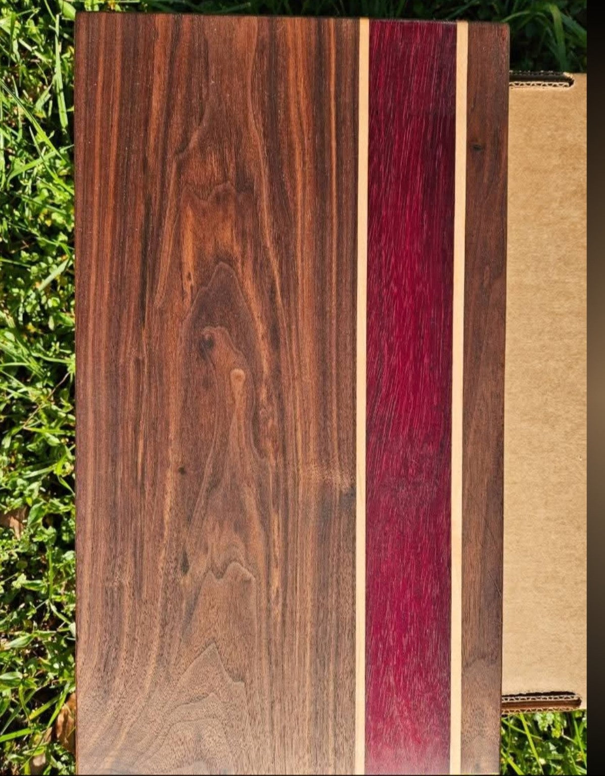 Handcrafted Figured Walnut, Purpleheart & Maple Cutting Board – 16 x 9 x 3/4