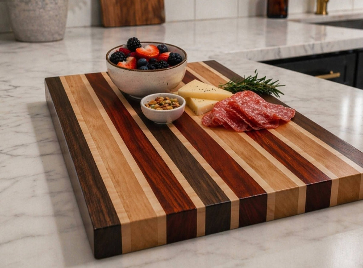 Maple, Walnut, Padauk & Cherry Cutting and Serving Board – 17¼" × 10" × ¾"